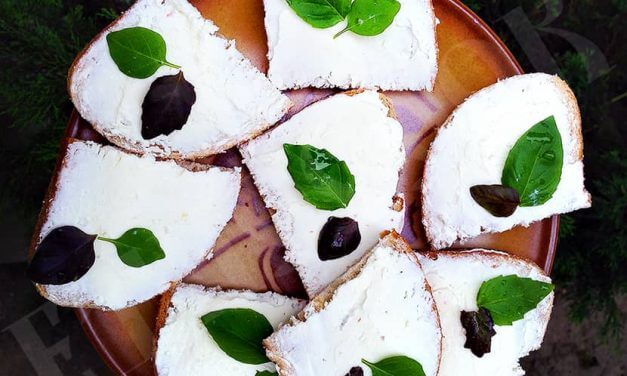 Cottage cheese sandwiches with fresh basil leaves